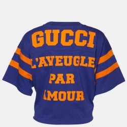 Pre Owned Gucci Blue 1921 L'aveugle Par Amour Printed Cotton Crop Top XS