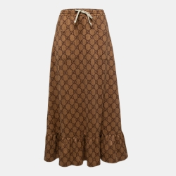 Pre Owned Gucci Brown GG Monogram Jersey Ruffled Hem Midi Skirt XS