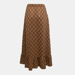 Pre Owned Gucci Brown GG Monogram Jersey Ruffled Hem Midi Skirt XS