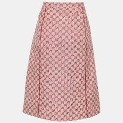 Pre Owned Gucci Ivory & Red Logo Jacquard Midi Skirt M