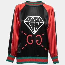 Pre Owned Gucci Black Silk Logo Printed Rib-Trim Detail Sweatshirt L