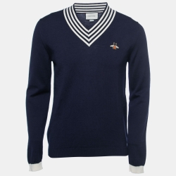 Pre Owned Gucci Navy Blue Wool Knit Bee Appliqued V-Neck Sweater S