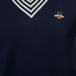 Pre Owned Gucci Navy Blue Wool Knit Bee Appliqued V-Neck Sweater S