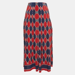 Gucci Navy Blue/Red GG Print Silk Paneled Midi Skirt S