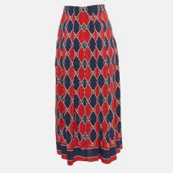 Gucci Navy Blue/Red GG Print Silk Paneled Midi Skirt S