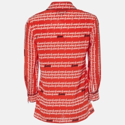 Gucci Coral Red Signature Logo Print Silk Button Front Shirt S