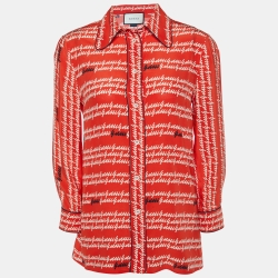 Gucci Coral Red Signature Logo Print Silk Button Front Shirt S