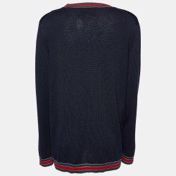 Pre Owned Gucci Navy Blue Wool Knit Web Trimmed Button Front Cardigan XXL