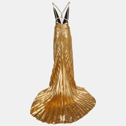 Gucci Metallic Gold Satin Silk and Lame Plisse With Harness Gown S