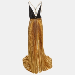 Gucci Metallic Gold Satin Silk and Lame Plisse With Harness Gown S