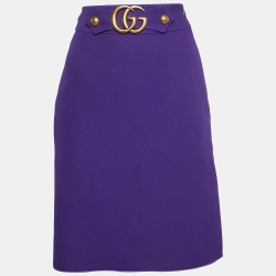 Pre Owned Gucci Purple Silk Blend GG Buckle Detail A-Line Knee Length Skirt S