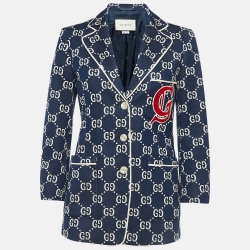 Pre Owned Gucci Navy Blue GG Jacquard Applique Detail Jersey Jacket S