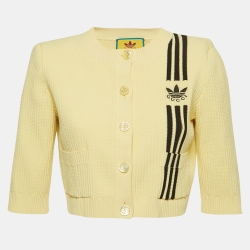 مملوكة مسبقًا Gucci X Adidas Yellow Rib Knit Buttoned Crop Cardigan S