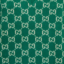 Pre Owned Gucci Green GG Web Intarsia Wool V-Neck Sweater S