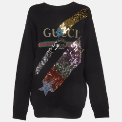 Pre Owned Gucci Black Logo Print Cotton Star Sequin Embellished Sweatshirt M