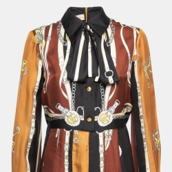Pre Owned Gucci Multicolor Equestrian Printed Silk Pleated Midi Dress M