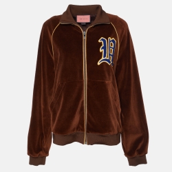 Pre Owned Gucci Brown Velvet Ram Patch Detail Zip Up Bomber Jacket S