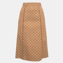 Pre Owned Gucci Light Brown Monogram Jacquard Contrast Trim Midi Skirt XS