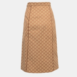 Pre Owned Gucci Light Brown Monogram Jacquard Contrast Trim Midi Skirt XS