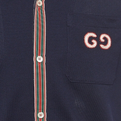 Pre Owned Gucci Navy Blue GG Embroidered Cotton Pique Bowling Shirt XS
