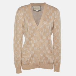 Pre Owned Gucci Beige Lamé GG Jacquard Cardigan L