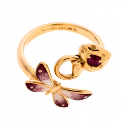 Gucci Floral Butterfly Enamel 18K Rose Gold Open Charm Ring Size 52
