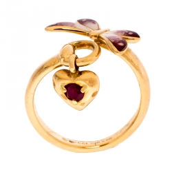Gucci Floral Butterfly Enamel 18K Rose Gold Open Charm Ring Size 52