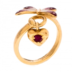Gucci Floral Butterfly Enamel 18K Rose Gold Open Charm Ring Size 52