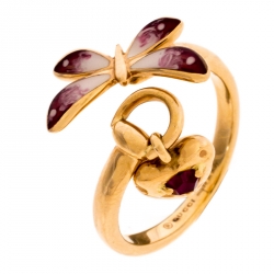 Gucci Floral Butterfly Enamel 18K Rose Gold Open Charm Ring Size 52