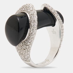 Gucci Horsebit Onyx Diamonds 18k White Gold Cocktail Ring Size 53