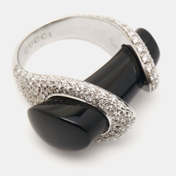 Gucci Horsebit Onyx Diamonds 18k White Gold Cocktail Ring Size 53