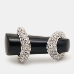 Gucci Horsebit Onyx Diamonds 18k White Gold Cocktail Ring Size 53