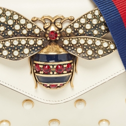 Pre Owned Gucci Off White Leather Mini Pearl Studded Broadway Bee Shoulder Bag