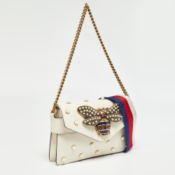 Pre Owned Gucci Off White Leather Mini Pearl Studded Broadway Bee Shoulder Bag