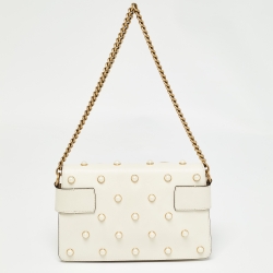 Pre Owned Gucci Off White Leather Mini Pearl Studded Broadway Bee Shoulder Bag