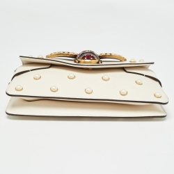 Pre Owned Gucci Off White Leather Mini Pearl Studded Broadway Bee Shoulder Bag