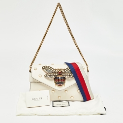 Pre Owned Gucci Off White Leather Mini Pearl Studded Broadway Bee Shoulder Bag