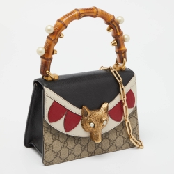 Pre Owned Gucci Multicolor GG Canvas Supreme and Leather Mini Broche Bamboo Top Handle Bag