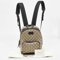 Pre Owned Gucci Black/Beige GG Supreme Canvas and Leather Small Bees Day Backpack