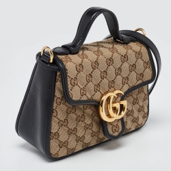 Pre Owned Gucci Black/Beige GG Matelassé Canvas and Leather Mini GG Marmont Top Handle Bag