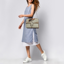مملوكة مسبقًا Gucci Beige GG Supreme Canvas and Suede Medium Bee Embroidered Dionysus Shoulder Bag