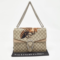مملوكة مسبقًا Gucci Beige GG Supreme Canvas and Suede Medium Bee Embroidered Dionysus Shoulder Bag