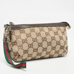 Pre Owned Gucci Beige/Brown GG Canvas Web Wristlet Pouch