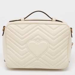 Pre Owned Gucci Off White Matelassé Leather GG Marmont Camera Top Handle Bag