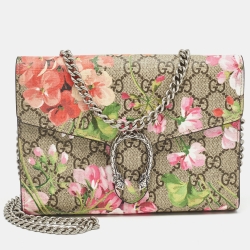 Gucci Pink/Beige GG Supreme Canvas Blooms Dionysus Wallet On Chain