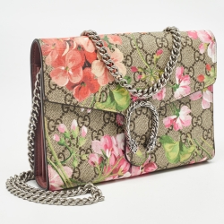 Gucci Pink/Beige GG Supreme Canvas Blooms Dionysus Wallet On Chain