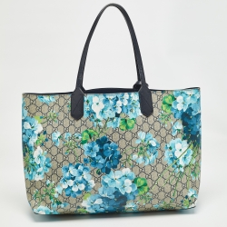 Pre Owned Gucci Navy Blue/Beige GG Supreme Canvas Blooms Reversible Tote