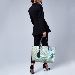 Pre Owned Gucci Navy Blue/Beige GG Supreme Canvas Blooms Reversible Tote