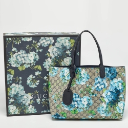 Pre Owned Gucci Navy Blue/Beige GG Supreme Canvas Blooms Reversible Tote