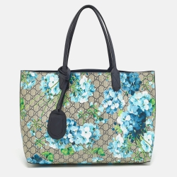 Pre Owned Gucci Navy Blue/Beige GG Supreme Canvas Blooms Reversible Tote